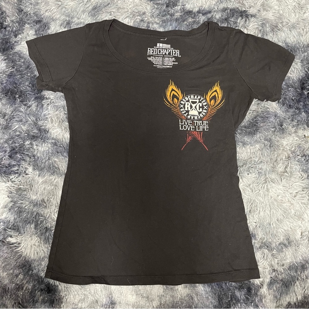 Red Chapter Live True Love Life shirt, simpler design on front.